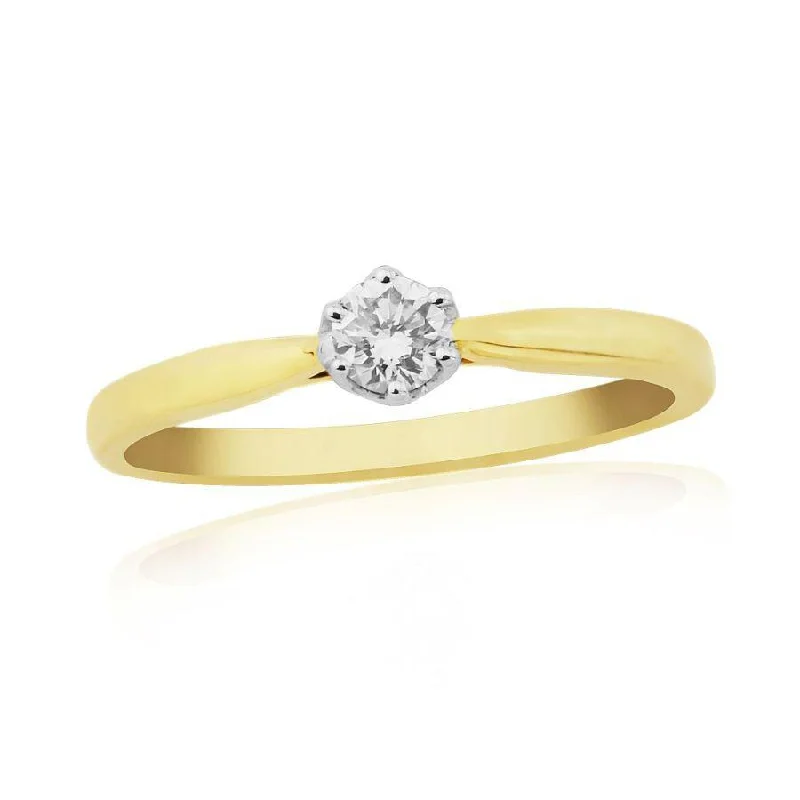 Ladies ruby glow rings -0.15ct Round Brilliant Cut Diamond Solitaire 9ct Yellow Gold Ring