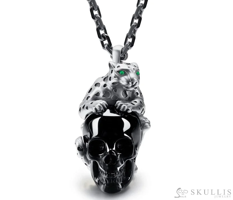 ladies chain necklaces adjustable length -Gem Skull Pendant Necklace of Black Obsidian Carved Skull with Emerald Eyes Leopard in Sterling Silver