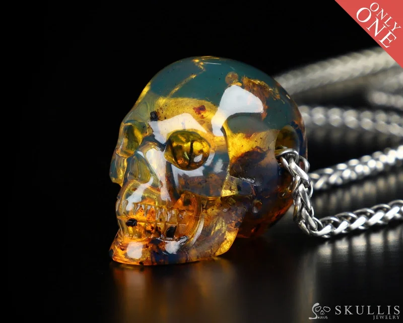 ladies necklaces diamond accents -Gem Skull Pendant Necklace of Dominican Blue Amber Carved Skull - 0521943