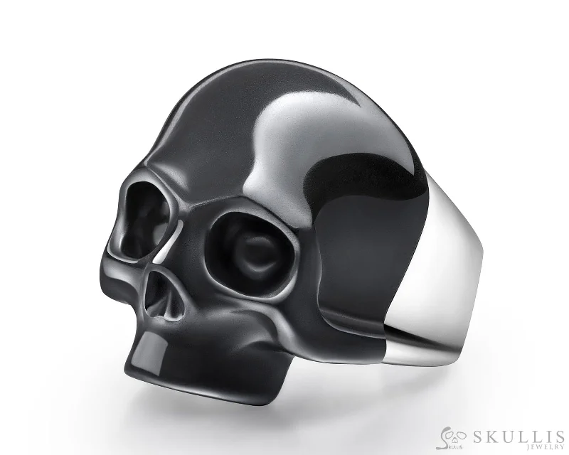 Ladies travel charm rings -Skullis Signature Hematite Gem Skull Ring, Hand Carved, Sterling Silver, for Women & Men