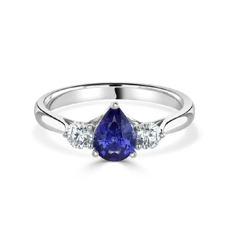 Ladies kitty paw rings -18ct White Gold Pear Shaped Sapphire & Diamond Three Stone Ring