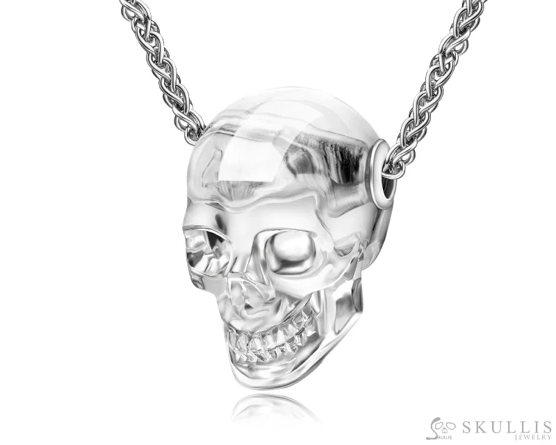 ladies silver necklaces coral stones -Skullis Signature Quartz Rock Crystal Gem Skull Pendant or Necklace, Hand Carved, Sterling Silver 925 Chain, for Women & Men