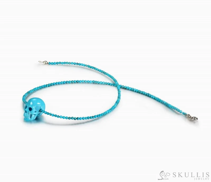 layered bead necklaces for women -Gem Skull Pendant Necklace of American Turquoise Beads Carved Skull in 925 Silver Clasp Bail