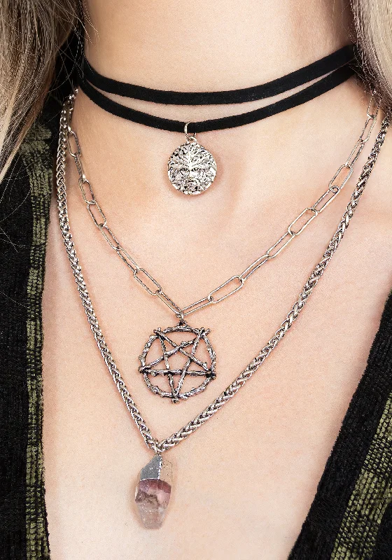 minimalist dot necklaces for women -Triune 3 Layered Necklace Pentagram and Crystal