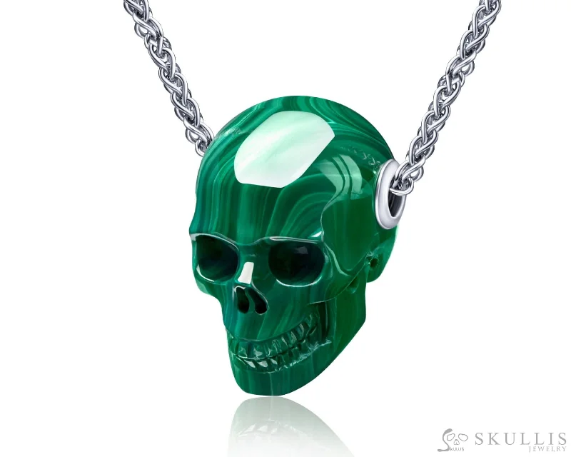 minimalist link necklaces for women -Skullis Signature Malachite Gem Skull Pendant or Necklace, Hand Carved, Sterling Silver 925 Chain, for Women & Men