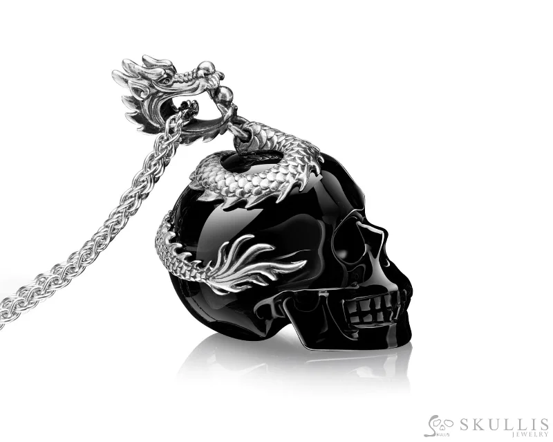 rose gold necklaces for women with pendants -Gem Skull Pendant Necklace of Black Obsidian Carved Skull with Dragon in 925 Sterling Silver