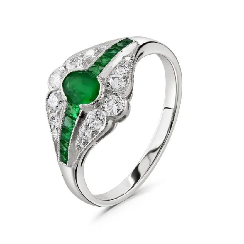 Ladies enchanted flair rings -Platinum Emerald & Diamond Set Dress Ring