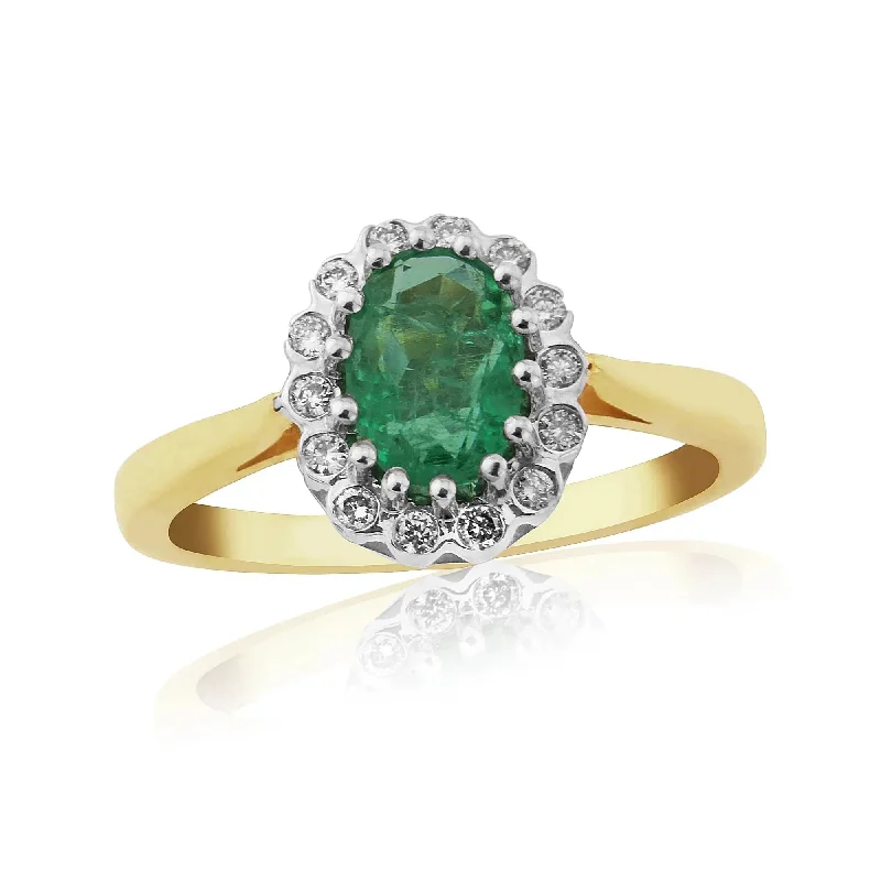 Ladies sun glow rings -9ct Yellow Gold Oval Cut Emerald & Diamond Cluster Ring