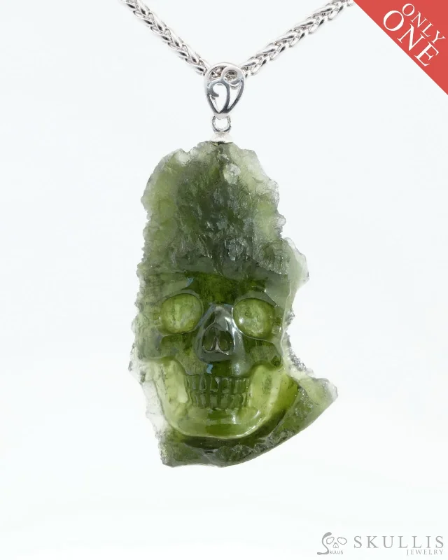 ladies necklaces with diamond pendants -Rare Gem Skull Pendant Necklace of Moldavite Crystal Carved Skull, 925 Sterling Silver - 0500030