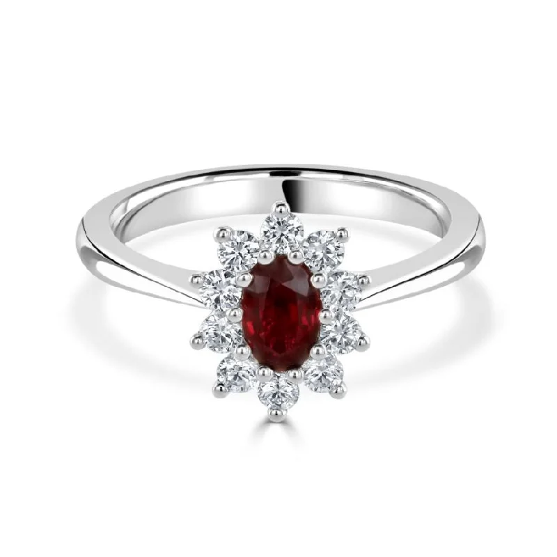 Ladies timeless chic rings -Platinum oval ruby and diamond cluster claw set ring