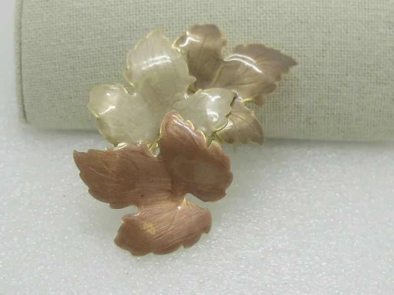 ladies yellow gold brooch curves -Vintage Enameled Fall Leaves Brooch 3", Gold Tone, 1960's-1970's