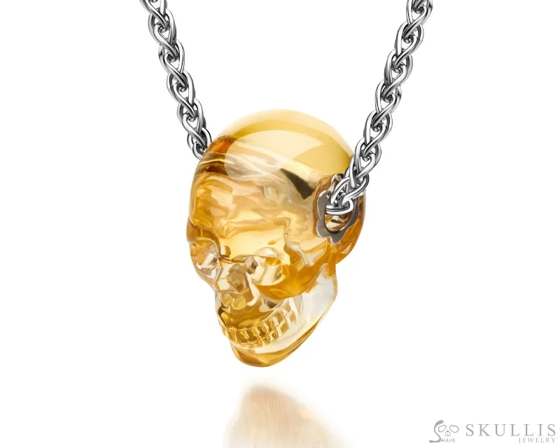 moon pendant necklaces for women -Skullis Signature Citrine Gem Skull Pendant or Necklace, Hand Carved, Sterling Silver 925 Chain, for Women & Men