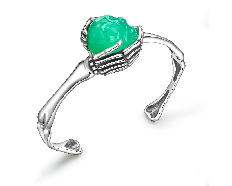 knot design bracelets for women -Gem Skull Bracelet of Chrysoprase Carved Skull in 925 Sterling Silver