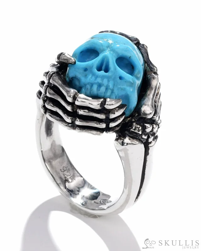 Ladies fitted eternity rings -Gem Skull Ring of American Turquoise Carved Skull with Skeletal Hands in 925 Sterling Silver