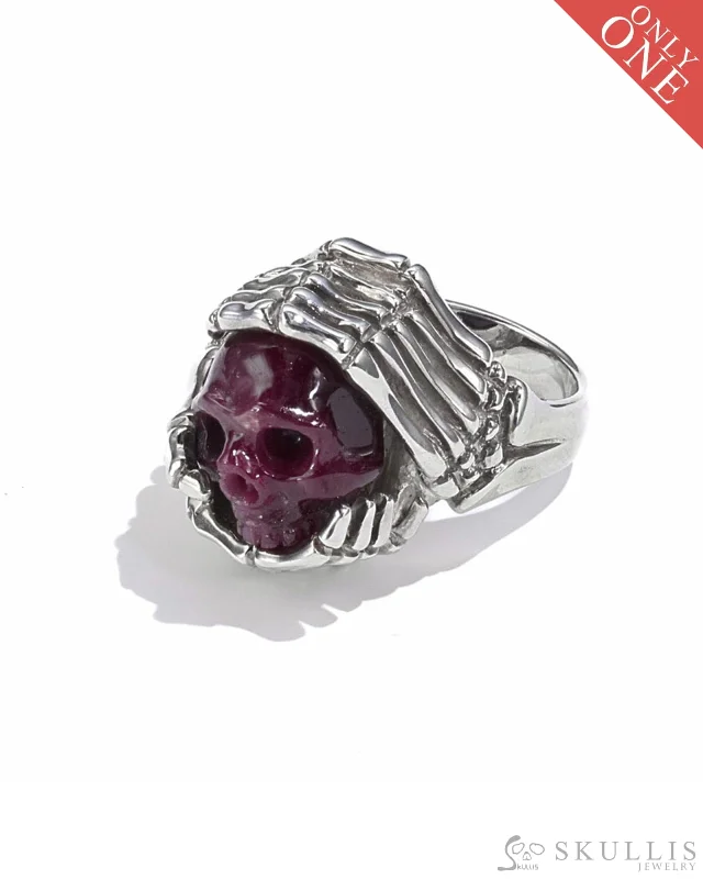 Ladies ancient gleam rings -Gem Skull Ring of Ruby Carved Skull with Skeletal Hands in 925 Sterling Silver, US Size 6.5 - 9500087