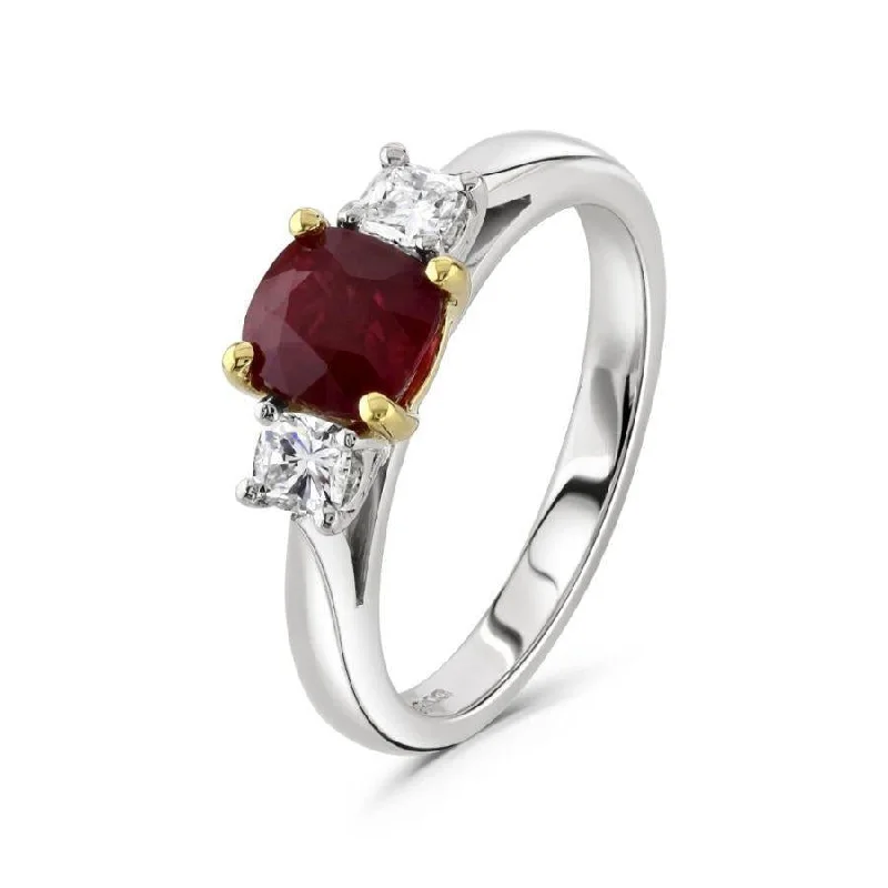 Ladies pointed triangle rings -Platinum & 18ct Yellow Gold Cushion Cut Ruby & Round Brilliant Cut Diamond Trilogy Ring