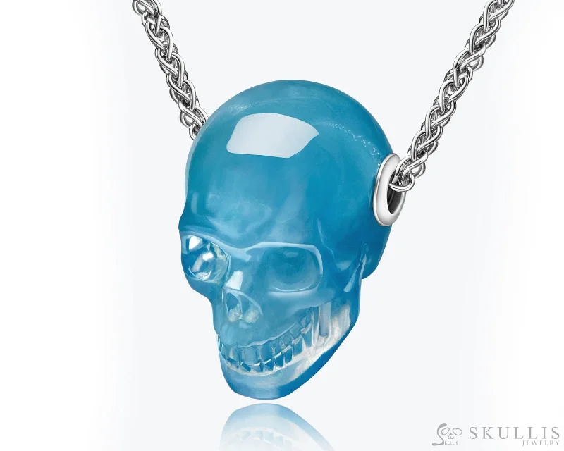 ladies necklaces etched florals -Skullis Signature Aquamarine Gem Skull Pendant or Necklace, Hand Carved, Sterling Silver 925 Chain, for Women & Men