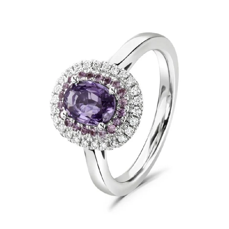 Ladies citrine yellow rings -18ct White Gold Oval Cut Purple Sapphire & Diamond Double Halo Cluster Ring