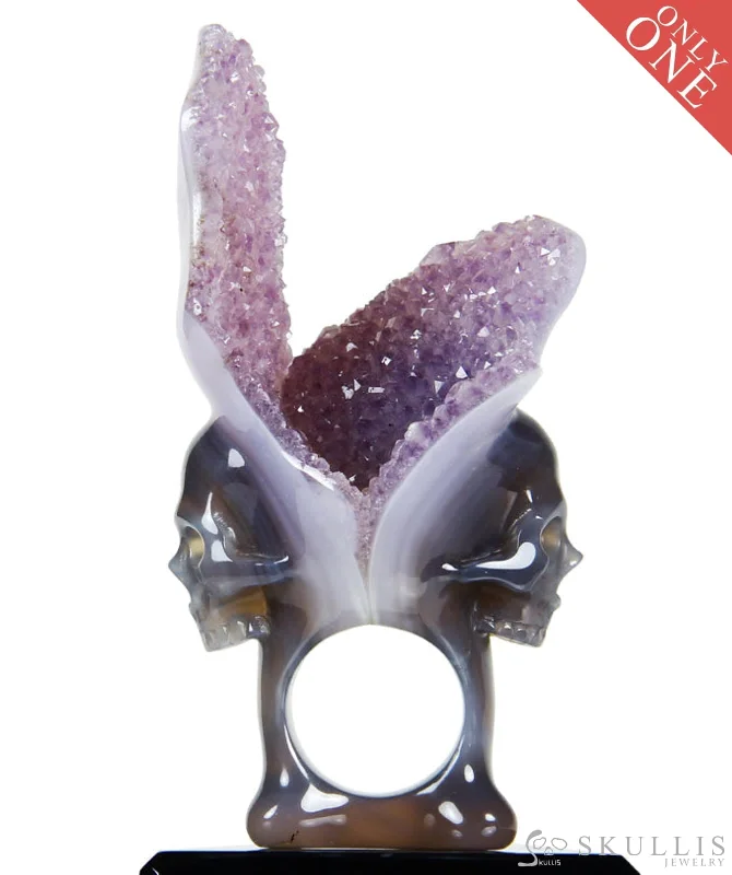 Ladies radiant halo rings -Gem Skull Ring of Agate Amethyst Druse Carved Totally, US size 10.5 - 0805558