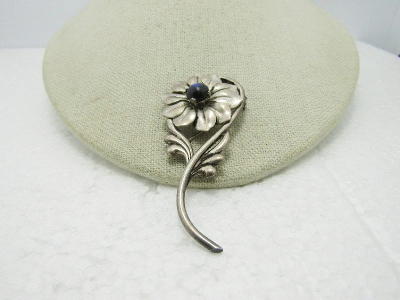 silver heart brooch for women -Vintage Sterling Kreisler Floral Brooch, Blue Opally Stone, 2.75", 13.05 gr., 1930's-1940's