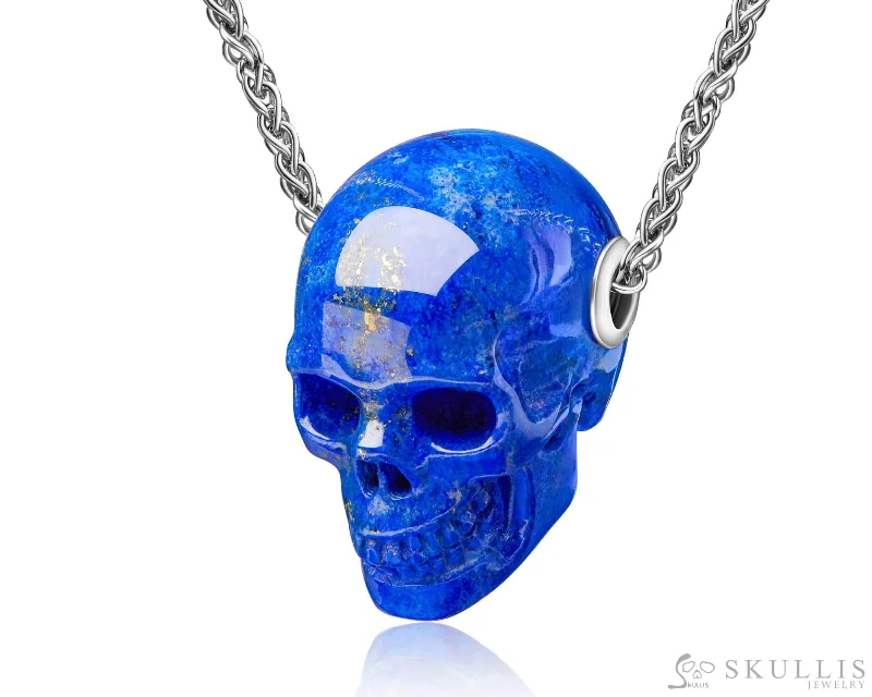 ladies silver necklaces amber stones -Skullis Signature Lapis Lazuli Gem Skull Pendant or Necklace, Hand Carved, Sterling Silver 925 Chain, for Women & Men