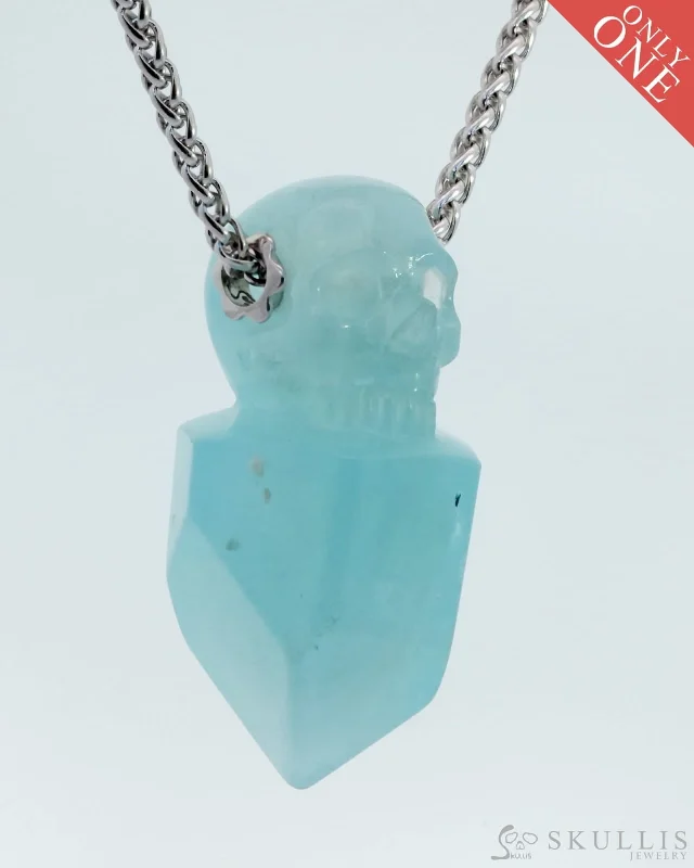 ladies gold necklaces fish pendants -Gem Skull Pendant Necklace of Aquamarine Carved Skull, 925 Sterling Silver - 0800033