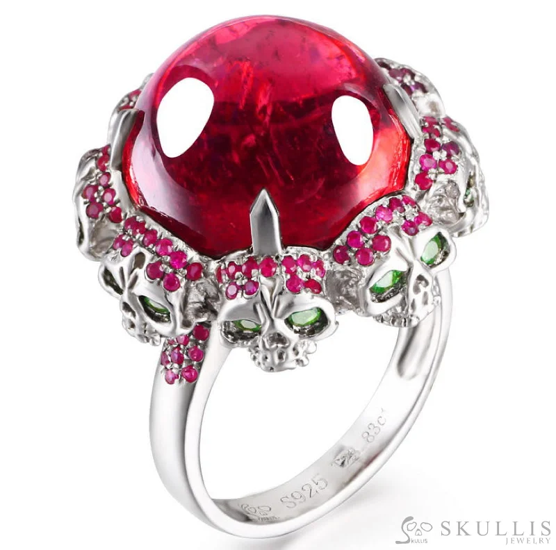 Ladies night star rings -Gem Skull Ring of Round Cut Ruby & Skulls with Ruby Eyes in 925 Sterling Silver