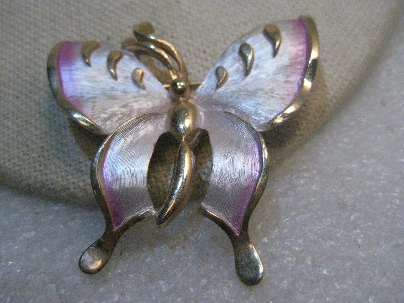 ladies brooch diamond accents -Vintage Two Tone Butterfly Brooch, Pink Enameling, 2", 1960's