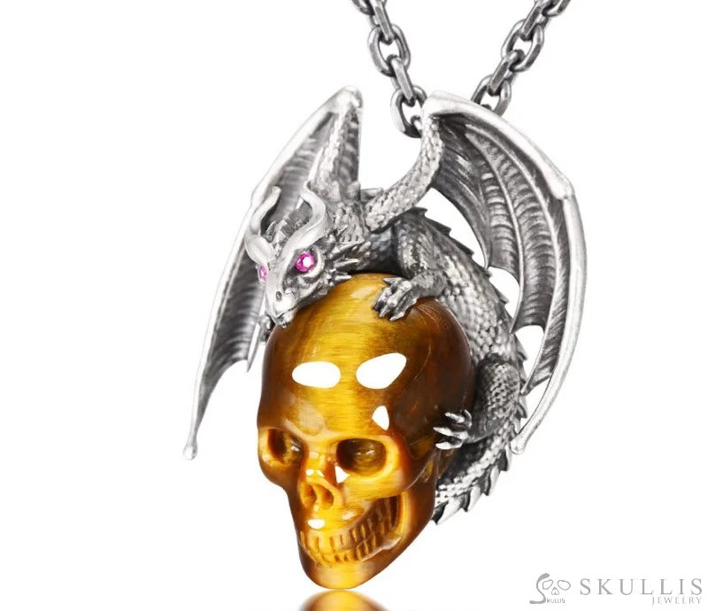 linked chain necklaces for women -Gem Skull Pendant Necklace of Gold Tiger's Eye Carved Skull with Ruby-Eye Dragon in 925 Sterling Silver