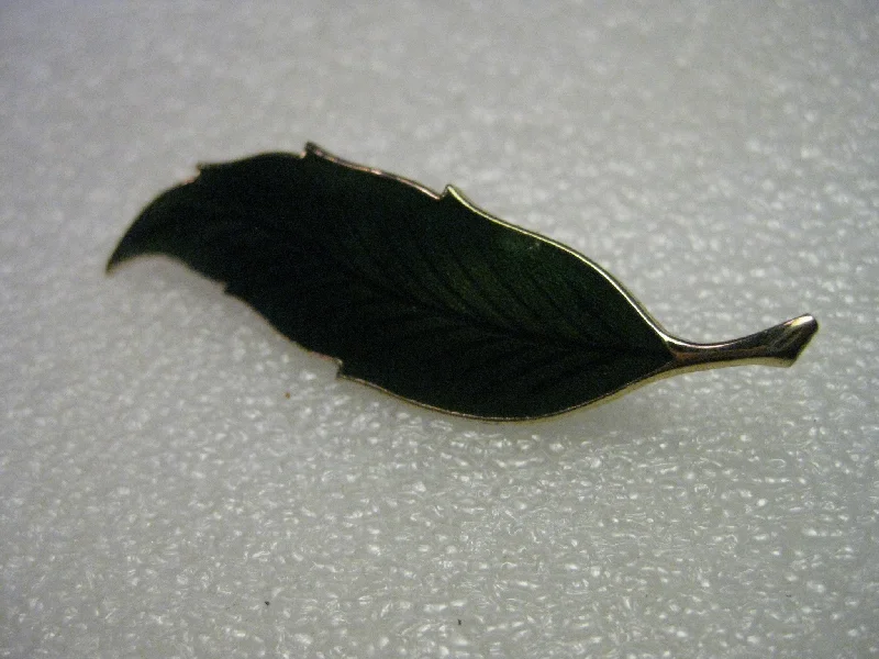 pearl brooch for women classic look -Vintage Green Enameled Leaf Brooch, with black veining, goldtone, 1970's