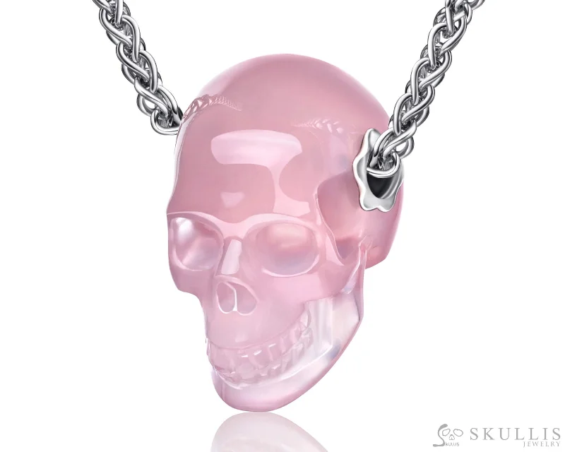 ladies necklaces opal inlays -Skullis Signature Rose Quartz Gem Skull Pendant or Necklace, Hand Carved, Sterling Silver 925 Chain, for Women & Men