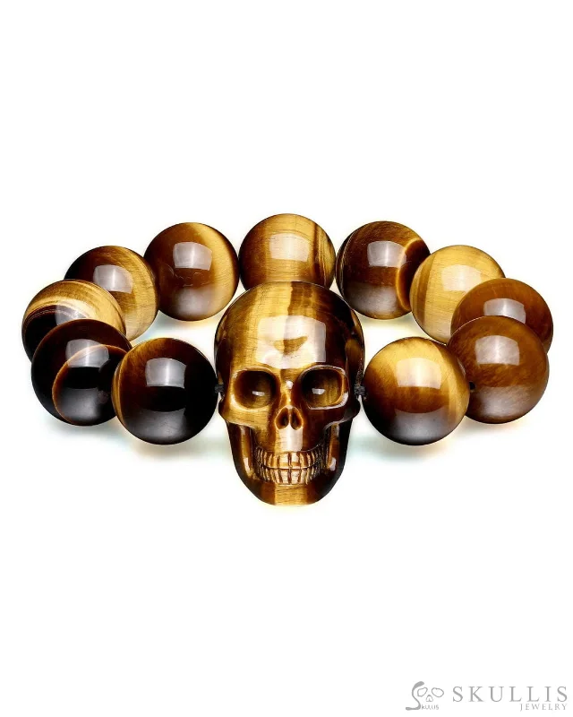 gold twist bracelets for women -Gem Skull Bracelet of Gold Tiger's Eye Carved Skull & Beads