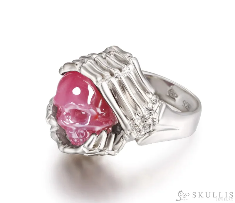 Ladies kitty paw rings -Gem Skull Ring of Ruby Carved Skull with Skeletal Hands in 925 Sterling Silver