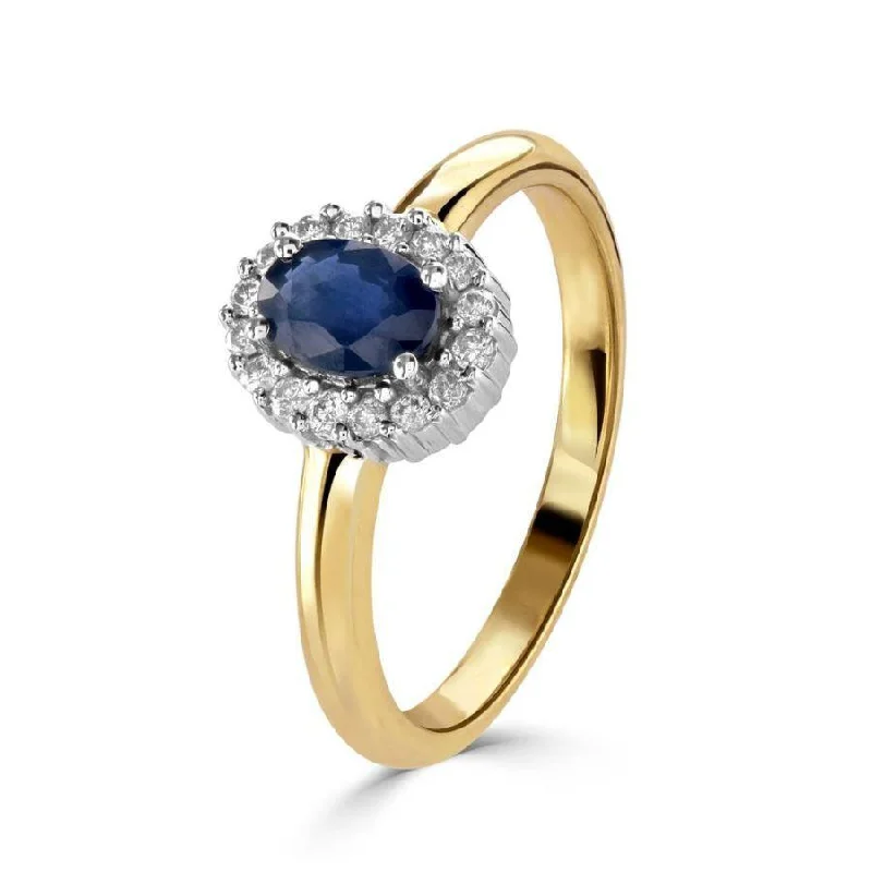 Ladies siren wave rings -9ct Yellow Gold Oval Cut Sapphire & Round Brilliant Cut Diamond Halo Cluster Ring