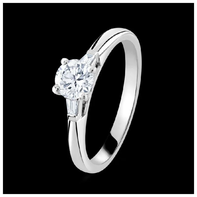 Ladies native tribal rings -Platinum 4-claw set round brilliant cut Diamond solitaire ring with two tapered Diamonds