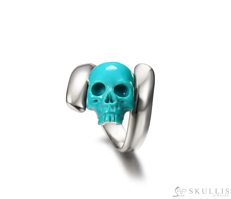 Ladies light charm rings -Gem Skull Ring of American Turquoise Carved Skull in 925 Sterling Silver