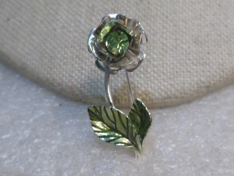 gold flower design brooch for women -Vintage Avon Rhinestone Rose Brooch, Enameled Leaves, signed Avon SH, Silver Tone