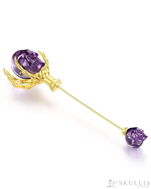 ladies silver brooch tourmaline stones -Gem Skull Brooch of Amethyst Carved Skull with Skeleton Hand in 18K Gold-Plated 925 Sterling Silver