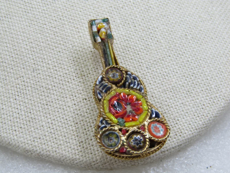 delicate brooch for women small designs -Vintage Floral Micro Mosaic Guitar Brooch, 1950's