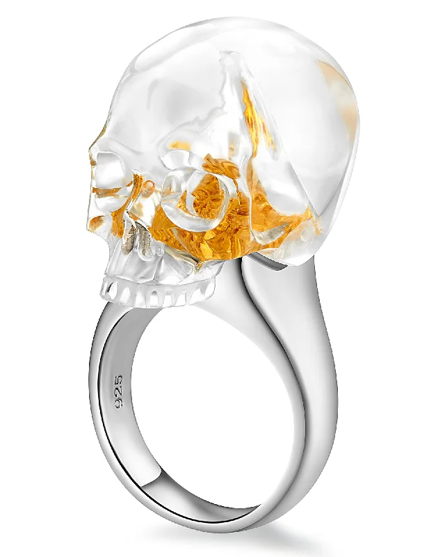 Ladies special occasion rings -Gem Skull Ring of Quartz Rock Crystal Carved Skull in 925 Sterling Silver