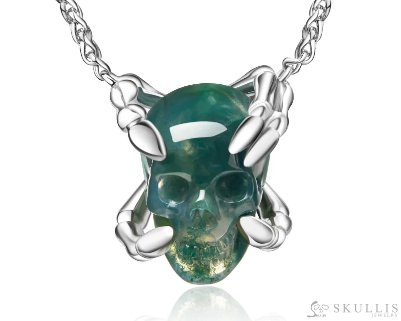 chain fringe necklaces for women -Gem Skull Pendant Necklace of Green Moss Agate Carved Skull with Sterling Sterling Silver Finger Bones