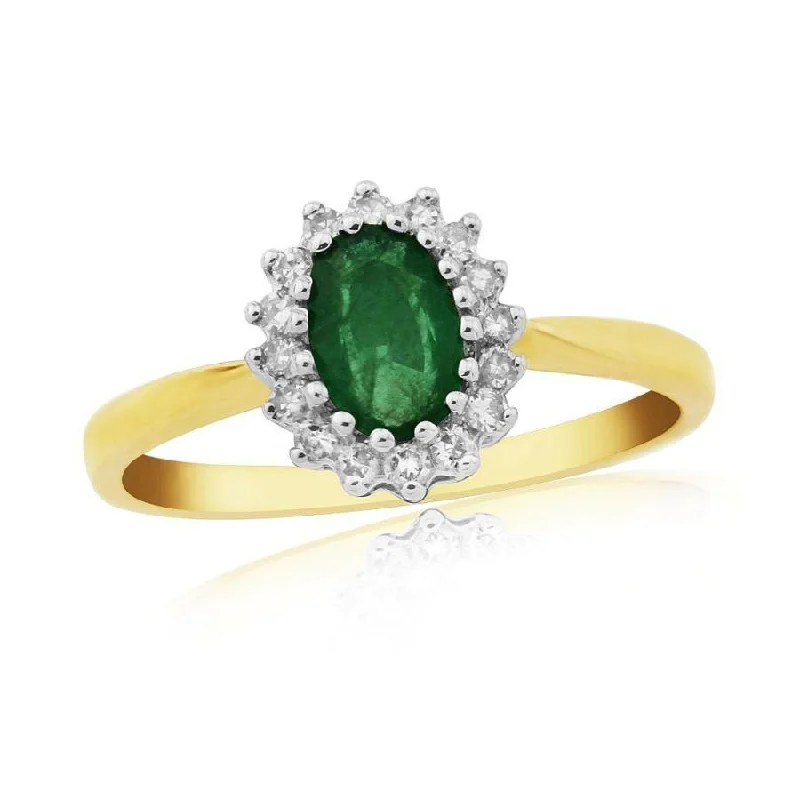 Ladies icon shine rings -9ct Yellow Gold Oval Cut Emerald & Diamond Cluster Ring