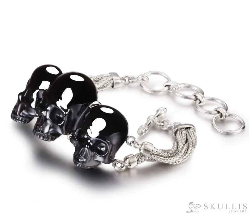 ladies bracelets sunburst charms -Gem Skull Bracelet of Black Obsidian Carved Skull in 925 Sterling Silver