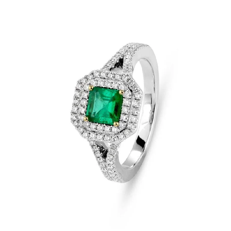 Ladies carved personalized rings -18ct White Gold Square Cut Emerald & Diamond Double Halo Cluster Ring with Split Shoulders