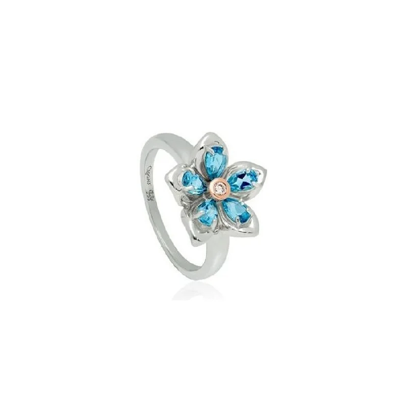 Ladies roots shine rings -Silver & 9ct Rose Gold London Blue Topaz Set Forget Me Not Ring