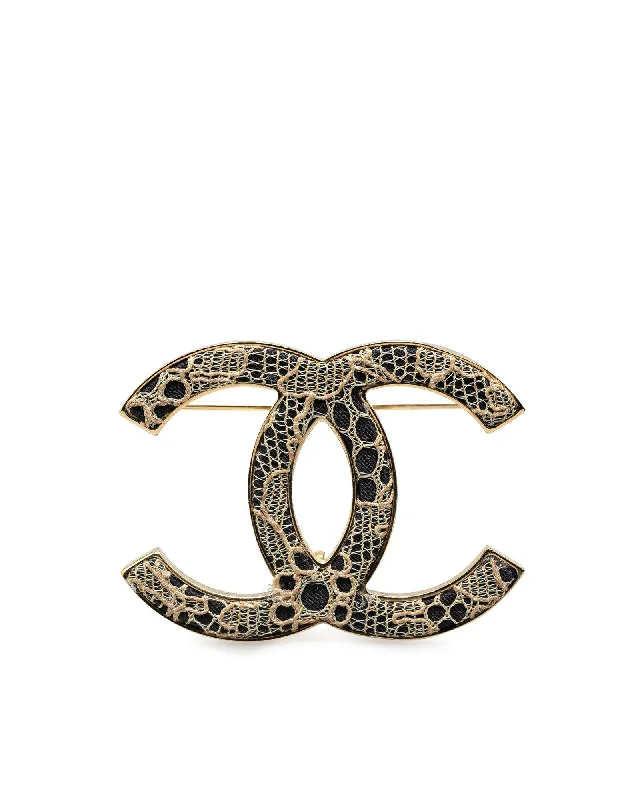 long brooch for women statement -Tweed and Lace CC Logo Brooch with Gold Plated Pin Closure