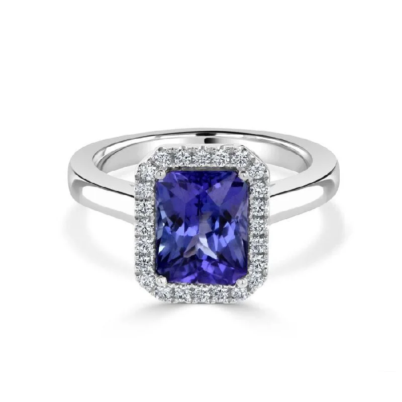 Ladies soothing amethyst rings -18ct White Gold Octagonal Cut Tanzanite & Diamond Halo Cluster Ring