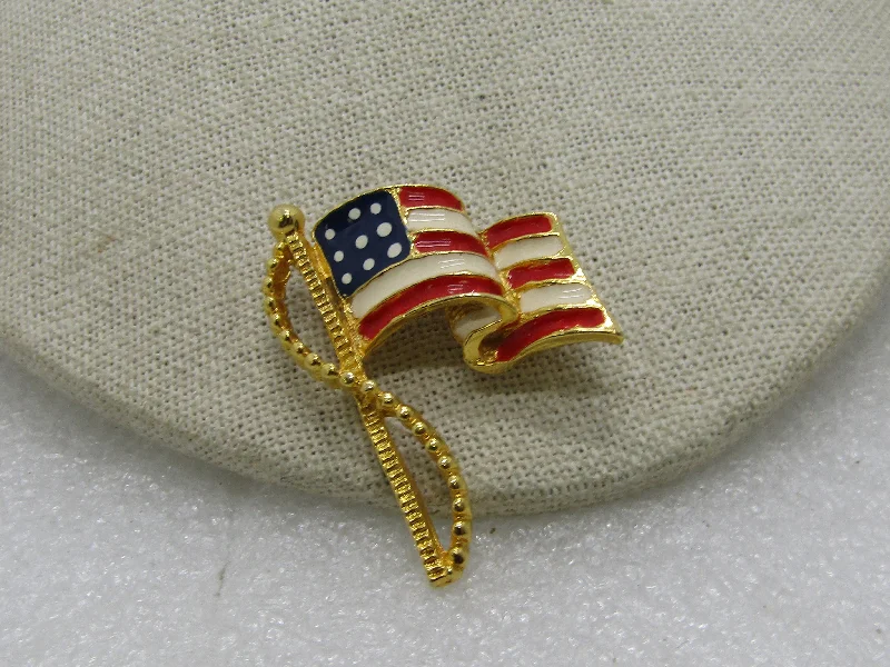 bar accent brooch for women -Enamel USA Flag Brooch, Gold Tone, 1.75" Tall