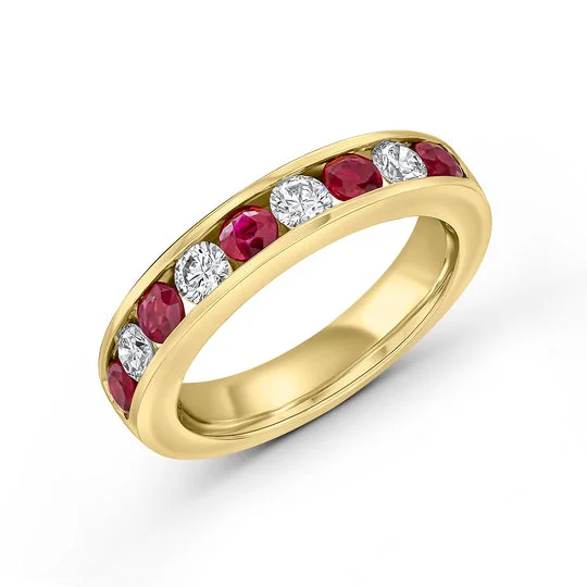 Ladies pixie glow rings -18ct Yellow Gold Round Ruby & Diamond Channel Set 9 Stone Half Eternity Ring