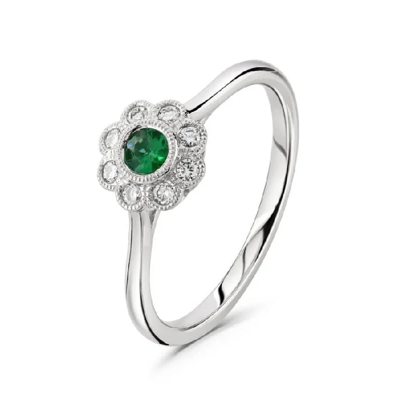 Ladies wearable charm rings -18ct White Gold Round Cut Emerald & Diamond Millegrain Edged Cluster Ring